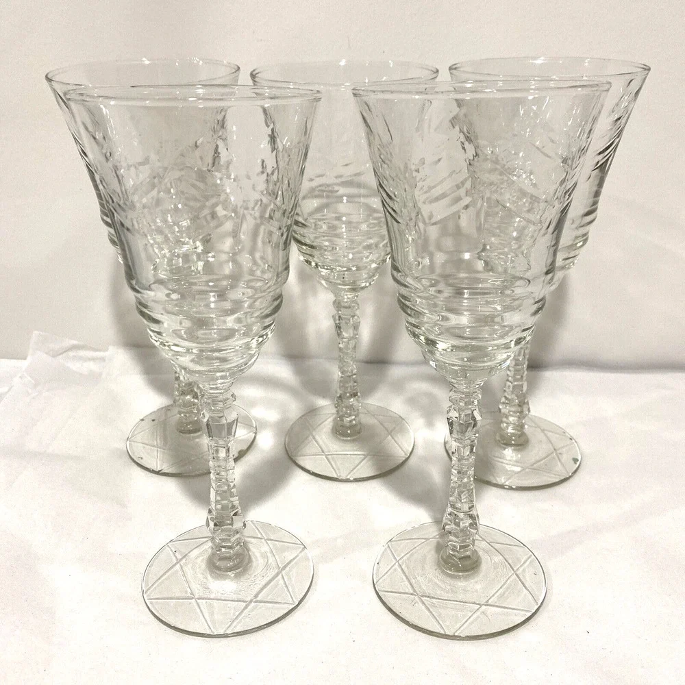 Libbey Rock Sharpe ARCTIC ROSE Goblets Water Glasses Set of 5 Clear etch crystal